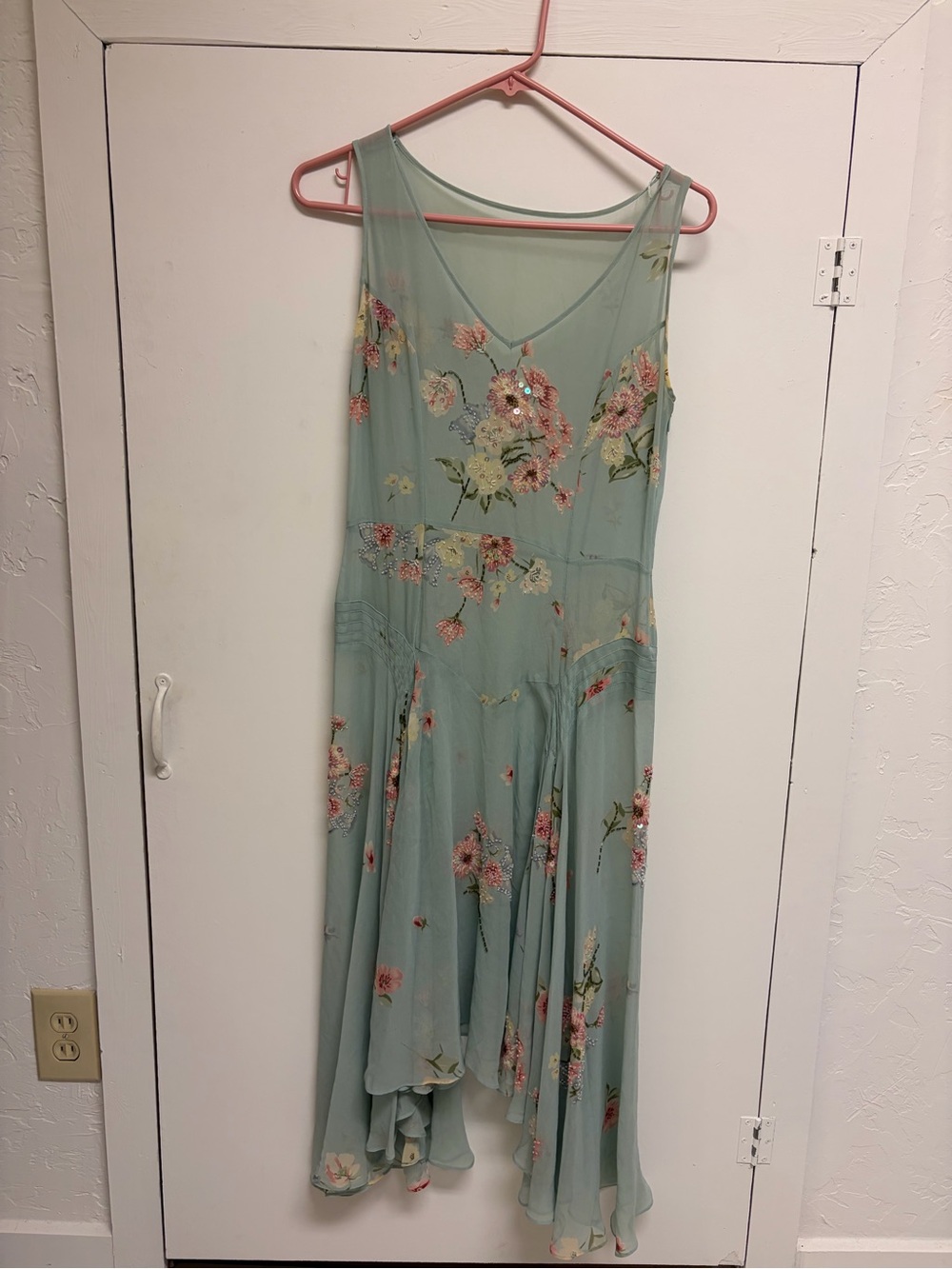 Sue Wong Silk Blue-green Floral Hi-Low Chiffon Dress with Matching Slip